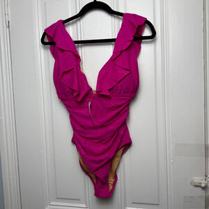 J Crew Swimsuit Womens 8 Pink Ruched Ruffle One Piece Sleeveless V Neck NWT